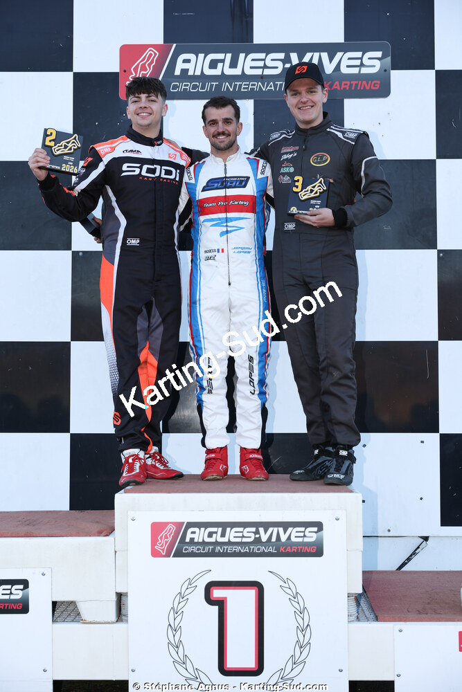Jérémy LOPES, Lucas MORILLON, Sacha CATALA — 28/02 & 01/03/2026 : 1ère manche du Championnat du Sud 2026 à Aigues-Vives (photos Stéphane Agnus) 2026 — karting