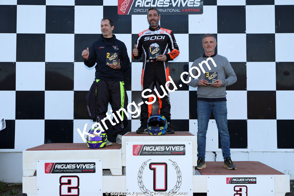 Jérôme ROCA, John HUGUET, Sébastien ANDRES — 28/02 & 01/03/2026 : 1ère manche du Championnat du Sud 2026 à Aigues-Vives (photos Stéphane Agnus) 2026 — karting