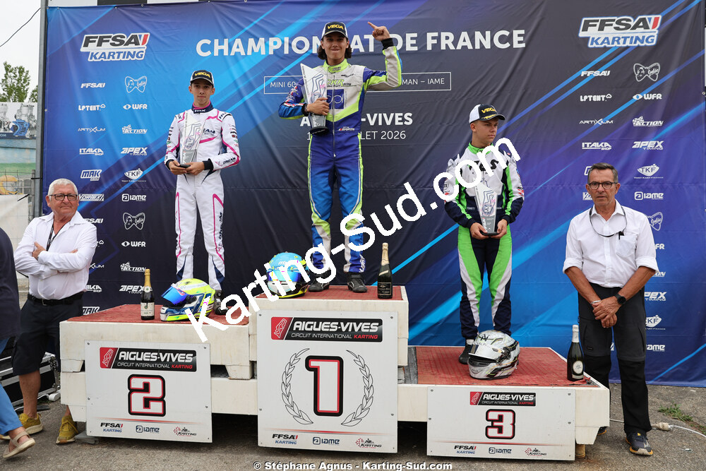 Evan MAINIER, Matéo RIVALS, Serge TERRASSE — 11 & 12/07/2026 : Championnat de France Mini 60 / Sénior, Master & Gentleman IAME à Aigues-Vives(Photos Stéphane Agnus) 2026 — karting